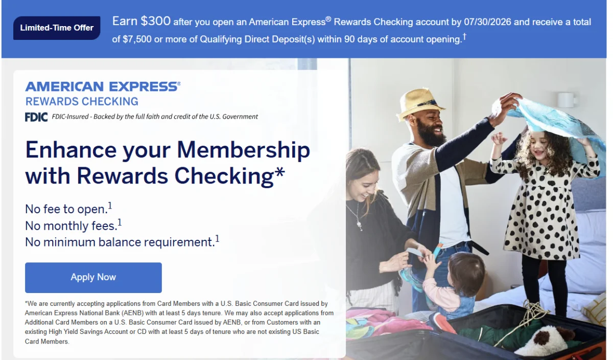 American Express Increases Rewards Checking Sign-Up Incentive to 300 Dollars for Eligible Consumer Cardmembers